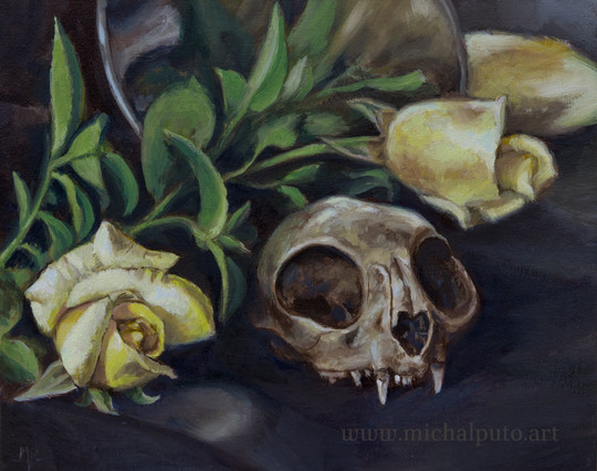 Still life, oil painting. Main subject is the skull of the cat surrounded with yellow, fresh roses. There is a small mirror in the background.