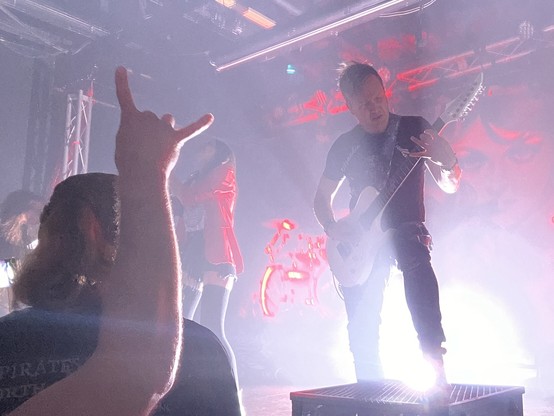 A male guitarist on stage, backlit dramatically, with a hand raised from the crowd in the "devil horns" sign.