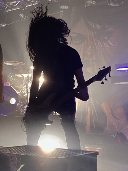 A backlit male guitarist with long hair headbanging, backlit so that he appears as only a silhouette, his hair appearing to float around his head.