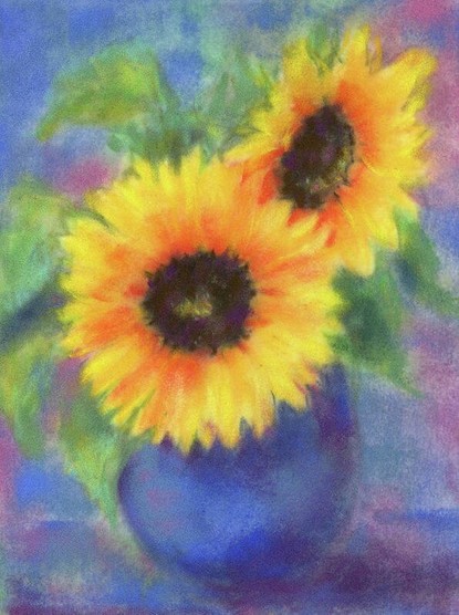 Painting of sunflowers in a blue vase