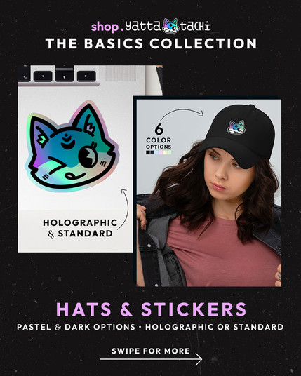 A holographic sticker of Hachi winking on a laptop and a person wearing a black Yatta-Tachi hat. TEXT:  Hats & Stickers Pastel & Dark options, Holographic or Standard