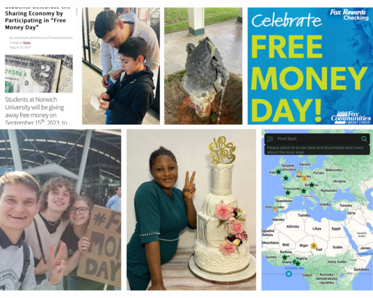 A collage of people, headlines, maps, and graphics celebrating Free Money Day