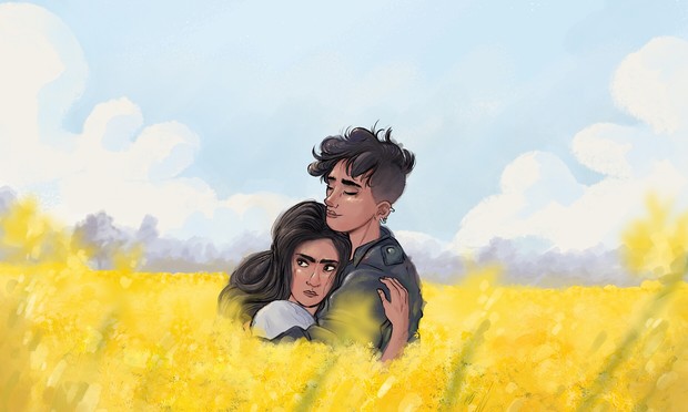 Un couple lesbien dans un champ de moutarde, inspiré d'un plan iconique du film indien Dilwale Dulhania Le Jayenge.