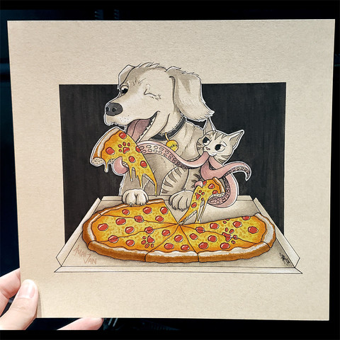 Traditional illustration of Lucky the Pizza Dog, a happy one-eyed dog, and Goose, the alien Flerken that outwardly looks like an orange/ginger cat, happily sharing a large cheesy pizza, with Goose feeding the both of them using her tentacles to grab the slices