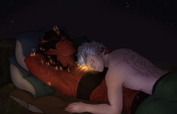 digital art of the characters Karlach and Astarion from Baldur's Gate 3 snuggling, Astarion is laying on top of Karlach, face pressed against her glowing chest. They both look peacefully asleep