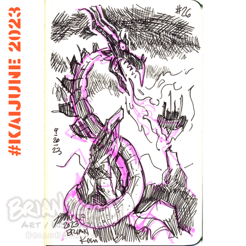 No. 26 #malice for Kaijune 2023.
A long dark, wingless, limbless dragon is wrapped around a rock, breathing fire on a small floating island castle.
Sort of imagining Malificent in her Dragon form from the Disney movie 'Sleeping Beauty' on this one.