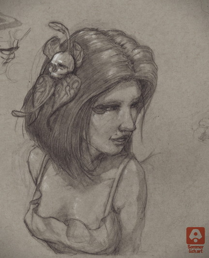 Pencil portrait of a girl with short haircut and a skull shaped hairclip.