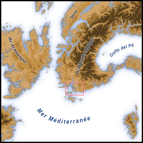 Carte du sud du département des Alpes de Haute-Provence, avec un niveau de la mer simulé à 480 mètres. Détail : Cadre avec vue d’ensemble de la zone Corse - Massif Central - Jura - Alpes, la zone de la carte y est localisée par un rectangle rouge.