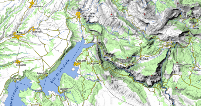 Carte du sud du département des Alpes de Haute-Provence, avec un niveau de la mer simulé à 480 mètres.