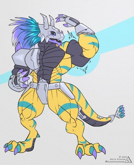 Furry art of the character Dipsomon looking at himself. Dipsomon is an original digimon character that, in this form, is an anthropomorphic yellow reptile with a significant amount of armor and mechanical plating on his upper body and head. In this picture he is battle scared, with large chunks of armor broken off his chest and arm, revealing a very muscular body underneath. He is flexing one arm curiously and staring at it in some surprise.