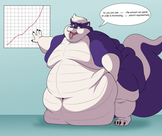 A very fat anthropomorphic dragon (who is barely able to stand), points at a graph depicting a line going upwards and says, "As you can see...the amount we spend on soda is increasing...almost exponentially."