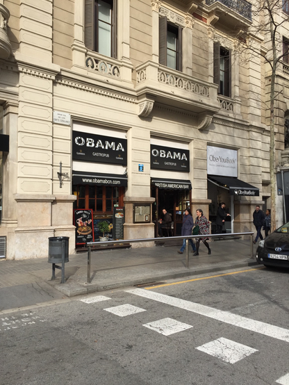 Building with the words “Obama Gastropub above the windows in Barcelona, Spain.