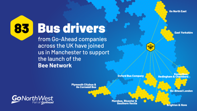 Bee Network Go-Ahead drivers
Text on image says:
83 Bus drivers from Go-Ahead companies across the UK have joined us in Manchester to support the launch of the Bee Network 🐝