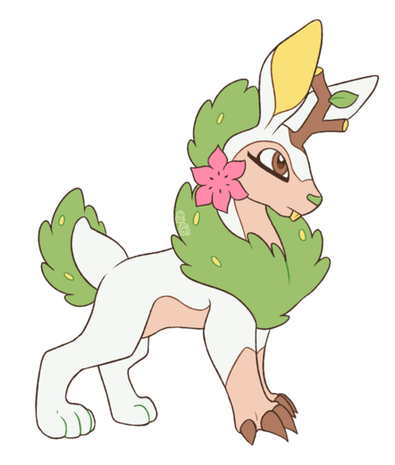 a mudrid (temtem) and shaymin (pokemon) fusion, resembling a white hare with grassy mane and tail, as well as a single branch horn on the forehead