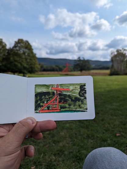 A painting of a red metal sculpture at storm king