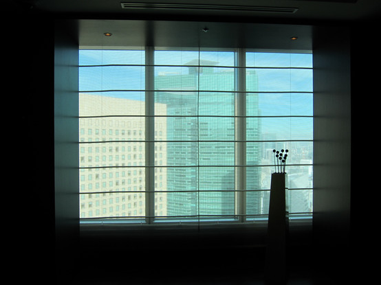 a window with thin blinds intersecting a view of skyscrapers