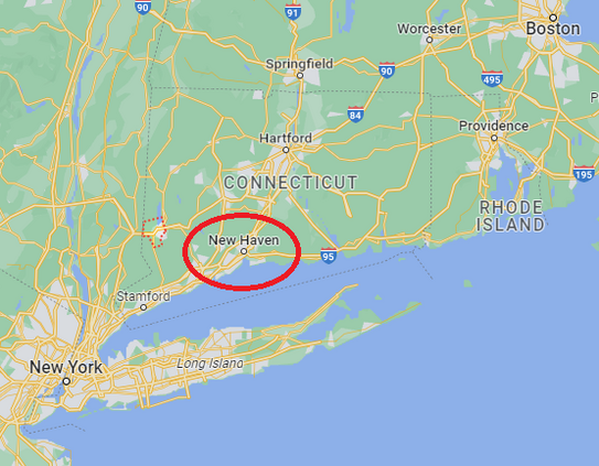 google maps of North America, zoomed to Connecticut, New Haven is circle