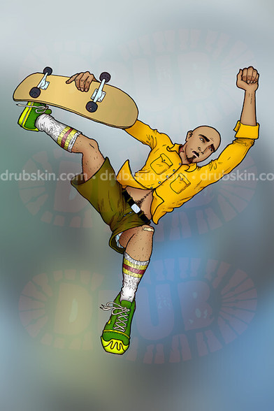 A skater doing a trick midair on a skateboard. He wears a yellow shirt and his bare midriffs shows. He wears green shorts and tube socks. He’s bald and has green and yellow sneakers. His skate deck is blank on the bottom. He is brownish olive skinned and has a some fuzz on his chin.
