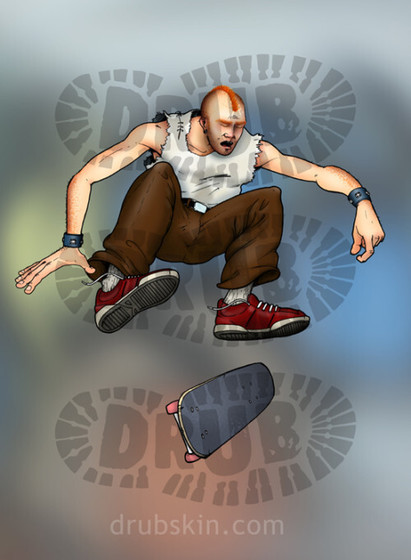 This red mohawked crusty punk with brown pants and a sleeveless t-shirt does tricks in midair. He has leather wrist cuffs and red sneakers.
