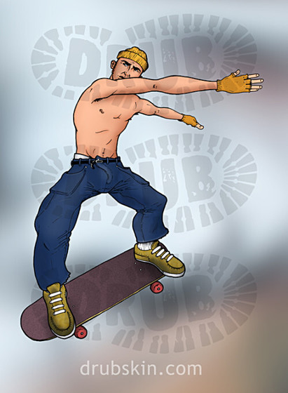 This skater has blue cargo pants and is shirtless and hairless. His stocking cap matches his fingerless gloves. He has ugly green sneakers on. He’s coming down on his trick on his board.