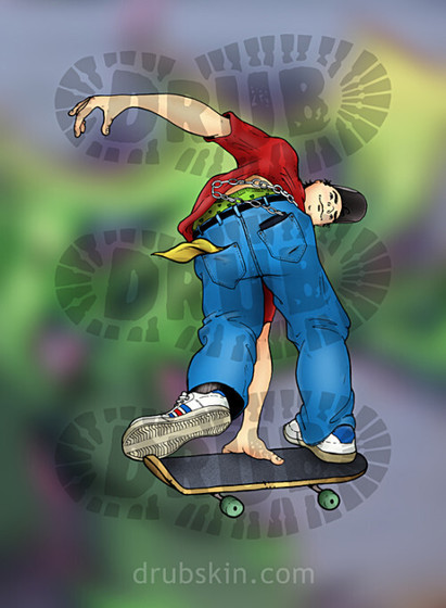 The ass of this skater faces the viewer. He’s grabbing the board in his right hand with his feet still on the skateboard. He has a red shirt, green boxers, a wallet chain in his right pocket and a yellow hanky in his left. He has white adidas skate shoes on. He’s flying through the air.