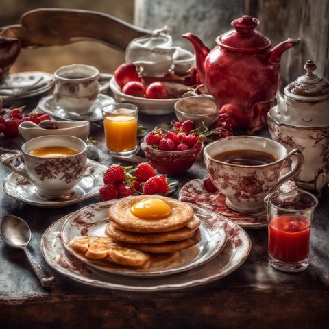 Breakfast art, lots of tea, coffee, pots, cups, orange juice, other juice, eggs on waffles, strawberries, cutlery, red theme