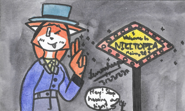 This is a watercolor artwork of Niki, although her design is different. She is a magician in a purple suit and blue top hat, with pupils in her eyes. She is winking, blushing and pointing only her pointer finger and middle finger up (with her hand sparkling), and behind her is a sparkling yellow-and-red sign that she changed to say "Welcome to Nikitopia - Meira, ZE." Behind the sign is a distant figure, shouting "Hey! Stop hexing our sign."