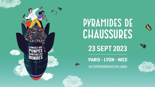 affiche qui annonce l'événement avec 3 villes participantes : Paris Lyon et Nice

mot clé #StopBombingCivilians