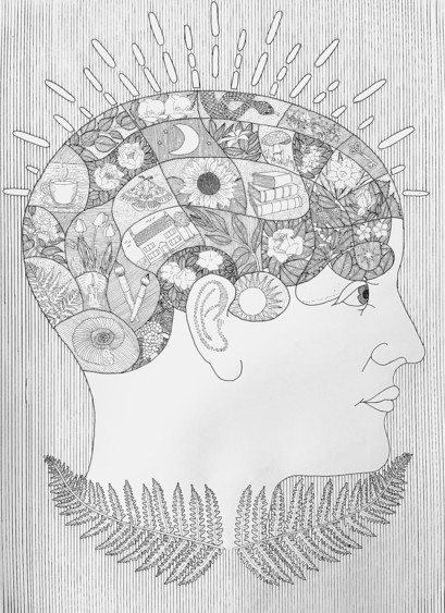 An ink illustration of a phrenology head, all the sections are filled with flowers and leaves and books and paintbrushes. At the base of the head are two fern fronds.