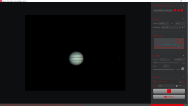 Screen capture of camera software taking a video of Jupiter