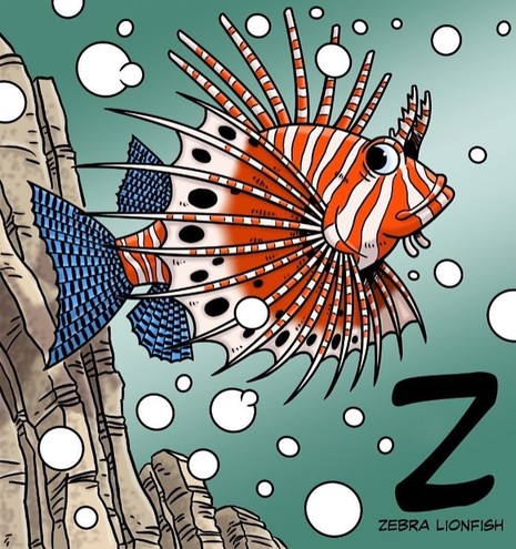 Underwater scene, part of a rock formation can be seen on the left of the Illustration.

The fish has orange and white stripes a blue tail and two blue fins towards the back of it’s body.

It has a number of orange and white spines sticking out of it’s head and back.

It has a pair of large fins at the front of it’s body. The centre of each is orange whilst the outer edge is white with black spots. The veins that radiate from the centre of the fins are striped in orange and white.