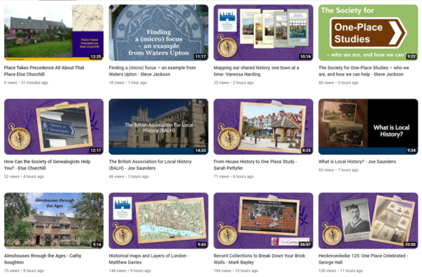 Screen grab from the Society of Genealogists' YouTube account showing 12 videos of talks from Day 1 of All About That Place.
