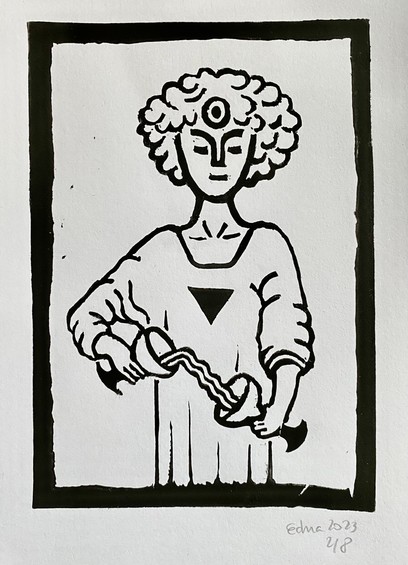 Linocut of the angel from the RWS card Temperance.