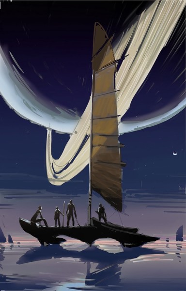Digital painting rough sketch showing a gas giant with saturnlike rings bright in the night sky. In the foreground we can see a ship and a group of people observing the bright planet in the sky.