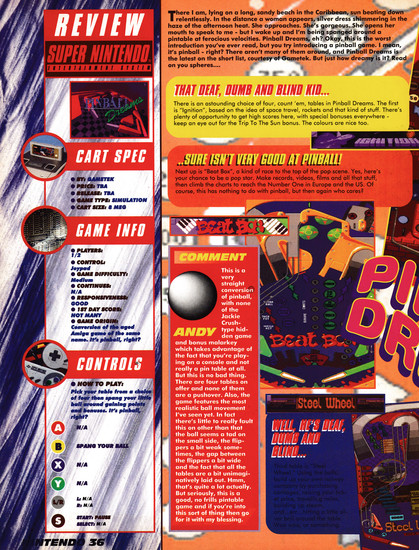 Review for Pinball Dreams on Super Nintendo from Nintendo Magazine System 17 - February 1994 (UK)

score: 86%