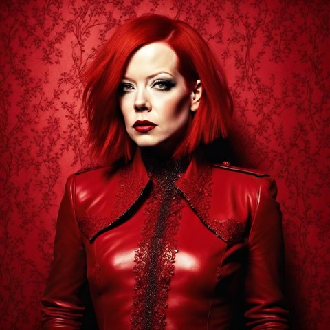 Scottish music art: Shirley Manson in a red leather outfit in front of a red patterned background