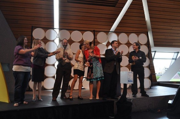not about me: Photograph of Pecha Kucha presenters (including Adrian Segar, far right) at Event Camp Twin Cities 2011