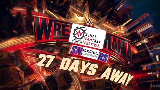 WWE Wrestlemania 35 graphic with '27 Days Away' 

but the Final Fantasy Fan Festival logo has been lazily put on top of the Wrestlemania logo, some letter of the Wrestlemania logo are still present.

Additionally, the ExCel London logo is lazily placed on top of the sponsor, Snickers and again, some letters are still visible.