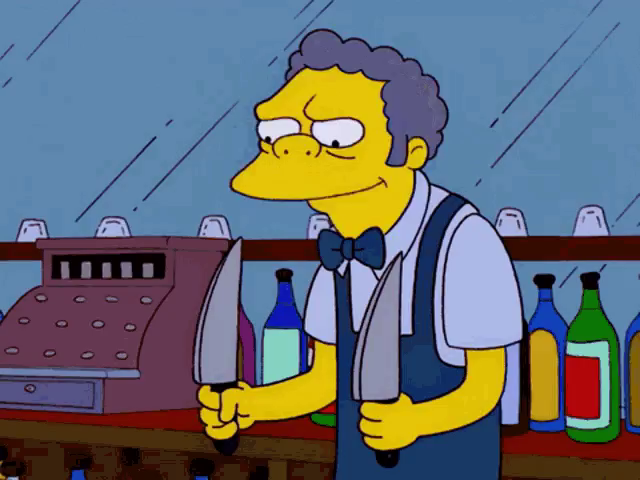Moe from "The Simpsons" holding two knives and being excited about it.