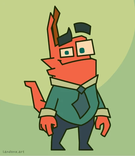 2D drawings of an short orange bug character, drawn in a flat style reminiscent of Hannah-Barbera or Fairly OddParents. He wears a tie and square glasses.