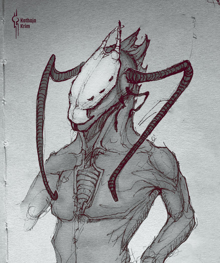 A traditional sketch of an alien with digital post processing. The post processing includes darkening the body of the alien and lightening the bone-like plating of the head, and soft shading of the whole body. Also the lines have a red tint.