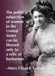 The caption says: "The political subjection of women in the United States can be likened only to a relic of barbarism."