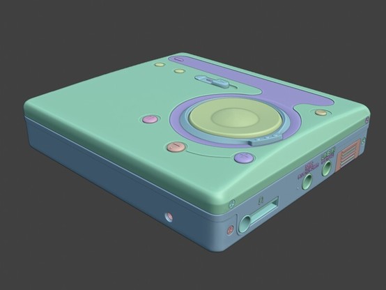 A work in progress 3d model of a sony MD walkman MZ-R700PC minidisk player, with random color per 3d object (Blenderâ€™s viewport).