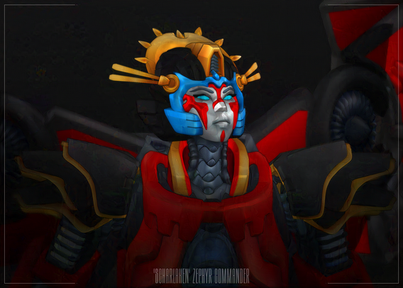 Render image of a 3D model of a robot with red, black, grey, blue, and gold colours. She has a Japanese samourai style of armour, she turns into a jet and the wings are on her back. She wields a glowing sword in each hand. She stands defiantly on a pile of rubble. This render is a closeup of her face.