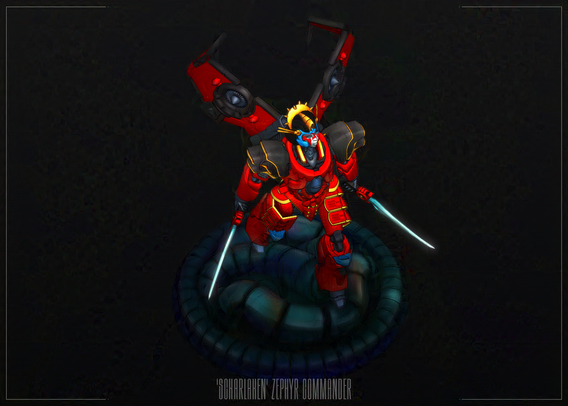 Render image of a 3D model of a robot with red, black, grey, blue, and gold colours. She has a Japanese samourai style of armour, she turns into a jet and the wings are on her back. She wields a glowing sword in each hand. She stands defiantly on a pile of rubble. This render views her from an isometric top view.
