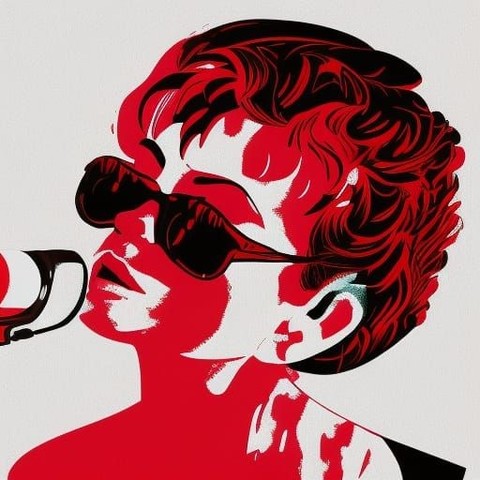 Female voices art: cartoon style image in red, white and black, of a white woman, head and shoulders, short wavy dark hair with red highlights, sunglasses, singing into mic, off-white background.