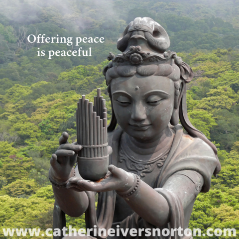 A female Buddhist statue holds a vessel in offering to the camera. The caption reads, "Offering peace is peaceful."