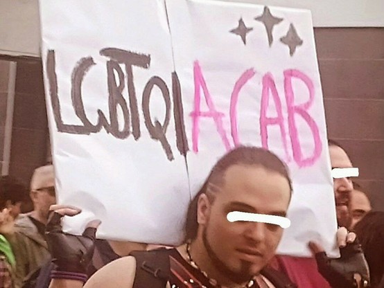 a (very cool)  person at a pride rally holding a sign  that reads  " LGBTQIACAB ".     LGBTQI is written  in black ,   ACAB highlighted in pink .     LGBTQI  stands for  " Lesbians ,  Gay,  Bisexual,  Trans,  Queer , Intersexual ' .   ..  the acronym usually  goes on  with A (Asexual spectrum)  and some other letters .     ACAB  as in  ' All Cops Are Bastards'