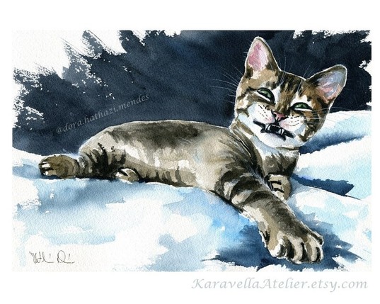 Happy Tabby Kitten original handmade watercolor painting  by Dora Hathazi Mendes
