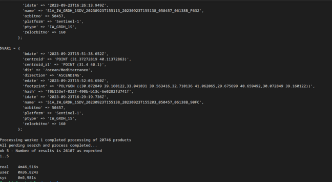 Terminal output of a test script to get 26K metadata entries on multiple sites in 4 min, ready for database injection.